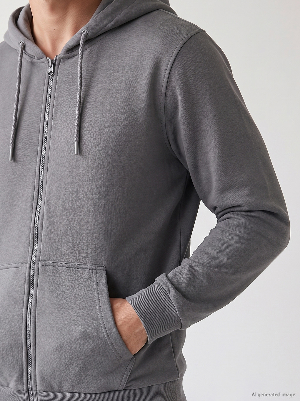 Gri Kapüşonlu Erkek Fermuarlı Sweatshirt-2