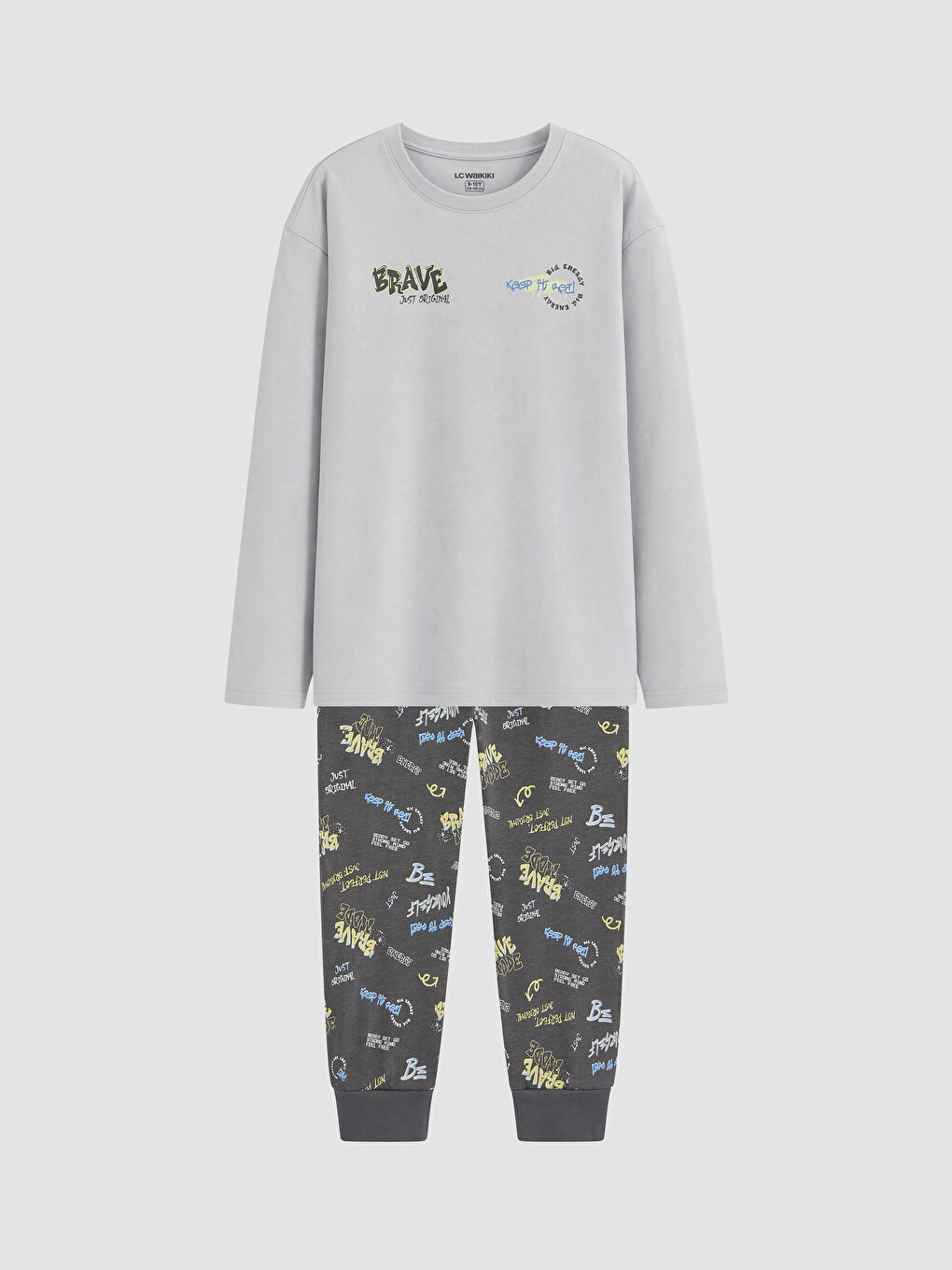 Gri Bisiklet Yaka Erkek Çocuk Pijama Takım