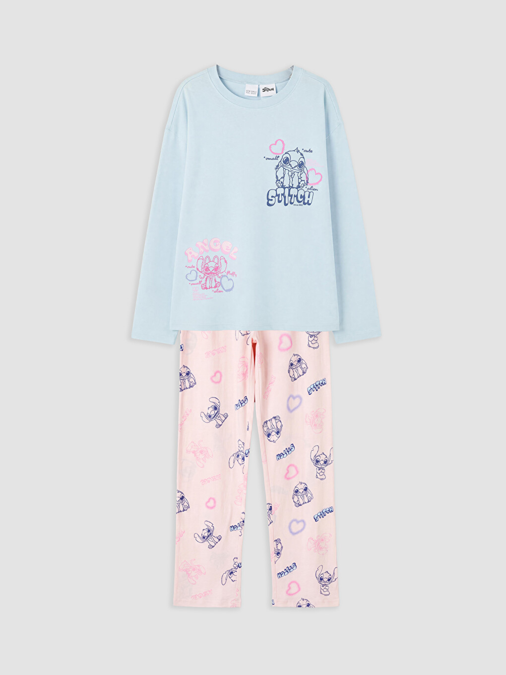 Mavi Stitch Ve Angel Baskılı Kız Çocuk Pijama Takımı