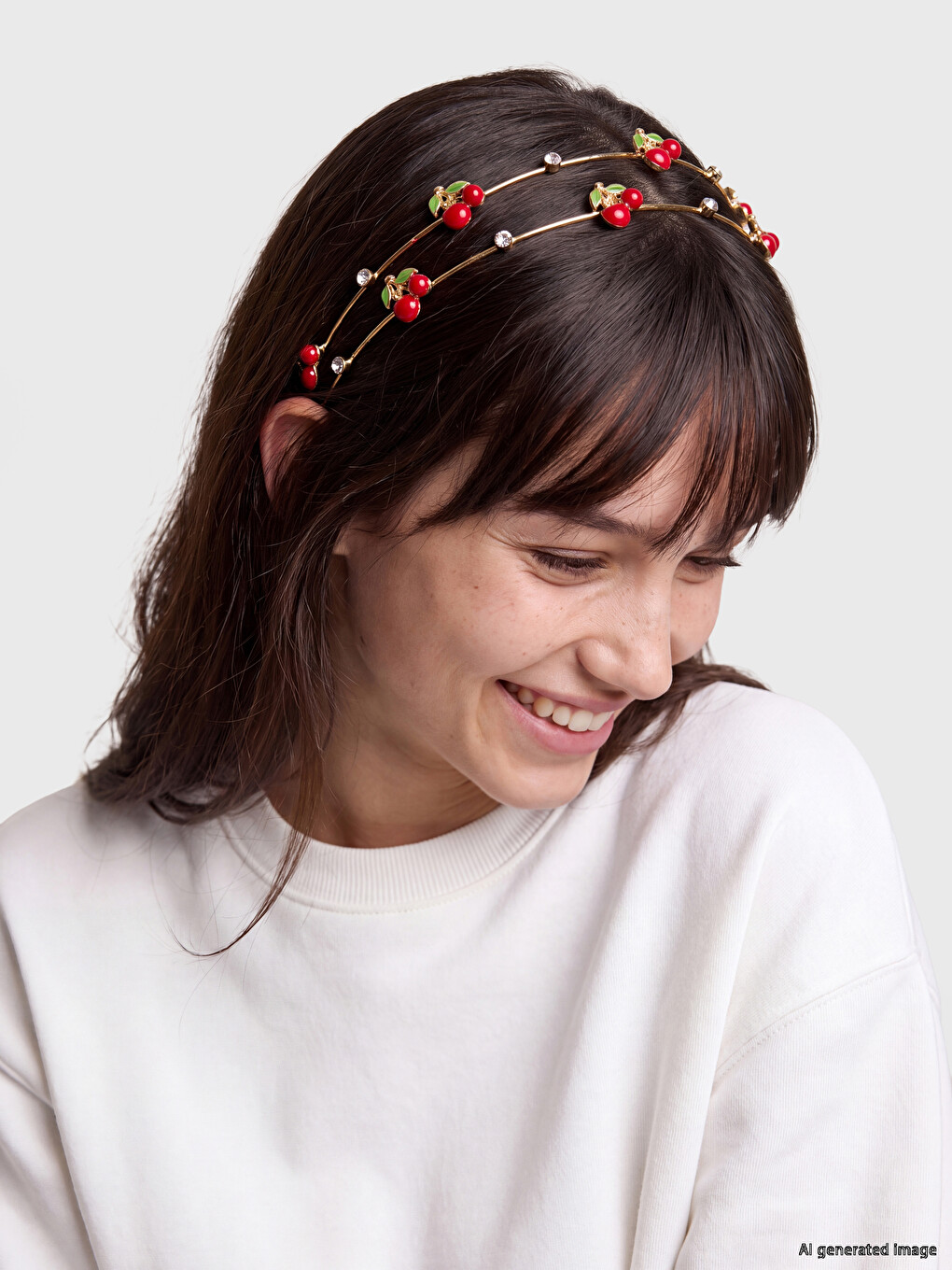 Stone Detailed Cherry Figured Women's Headband Clip