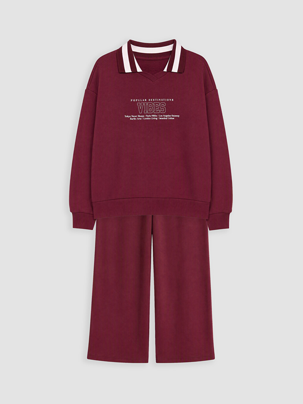 Bordo Polo Yaka Baskılı Kız Çocuk Takım
