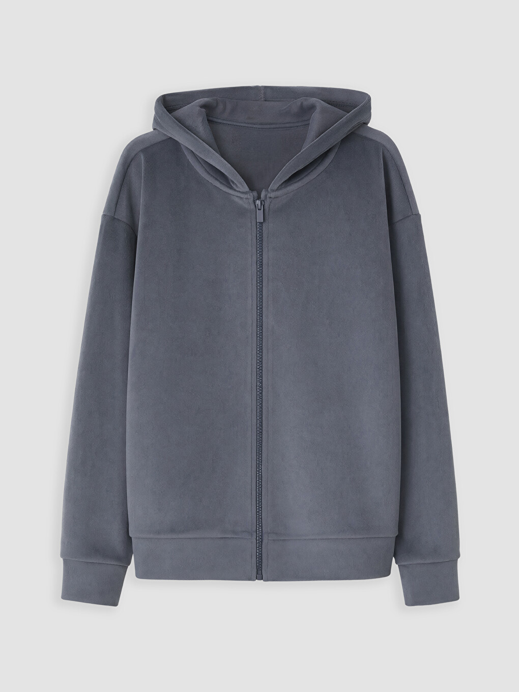 Gri Kapüşonlu Kız Çocuk Kadife Fermuarlı Sweatshirt