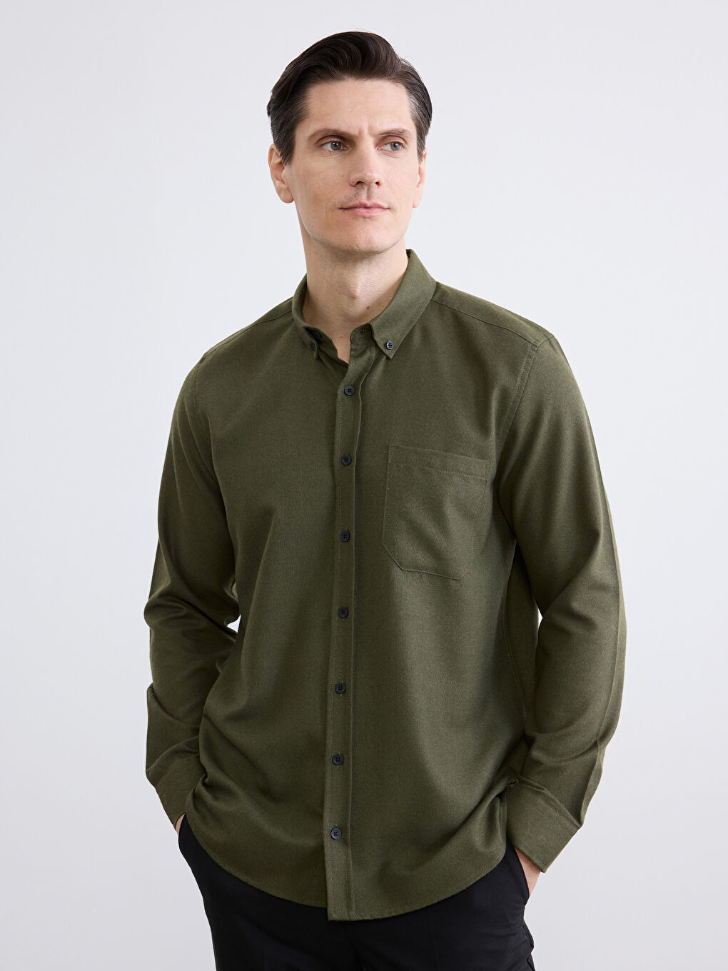 Haki Regular Fit Gabardin Erkek Gömlek