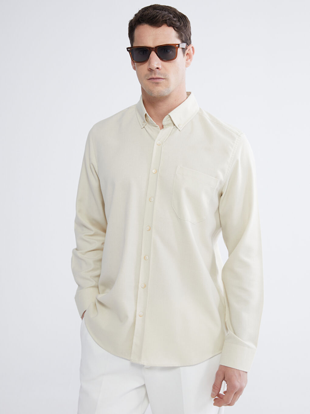 Bej Regular Fit Gabardin Erkek Gömlek