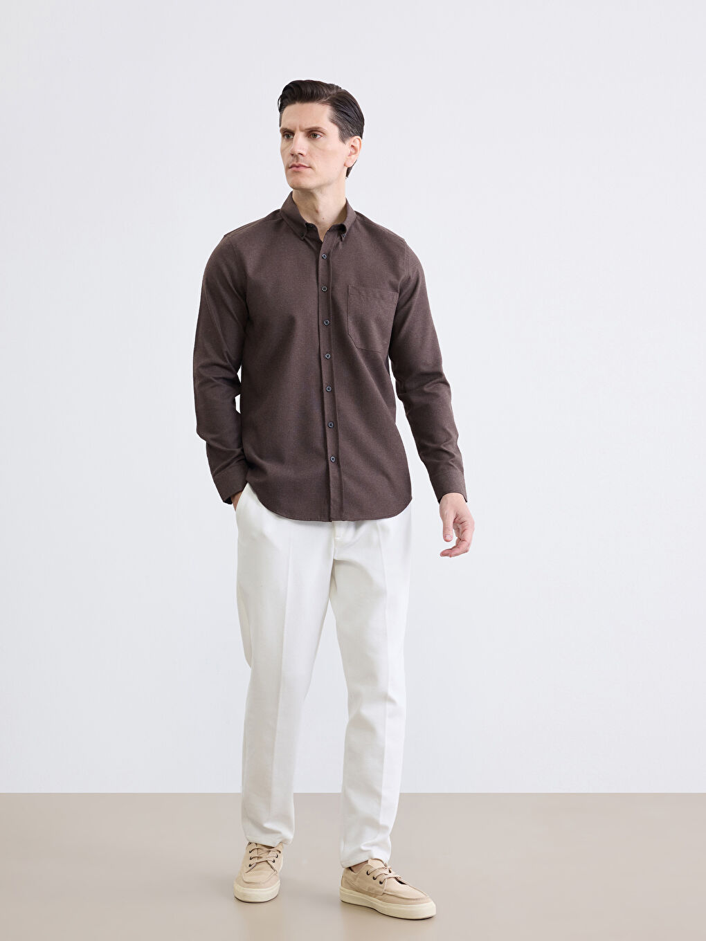 Kahverengi Regular Fit Gabardin Erkek Gömlek-1