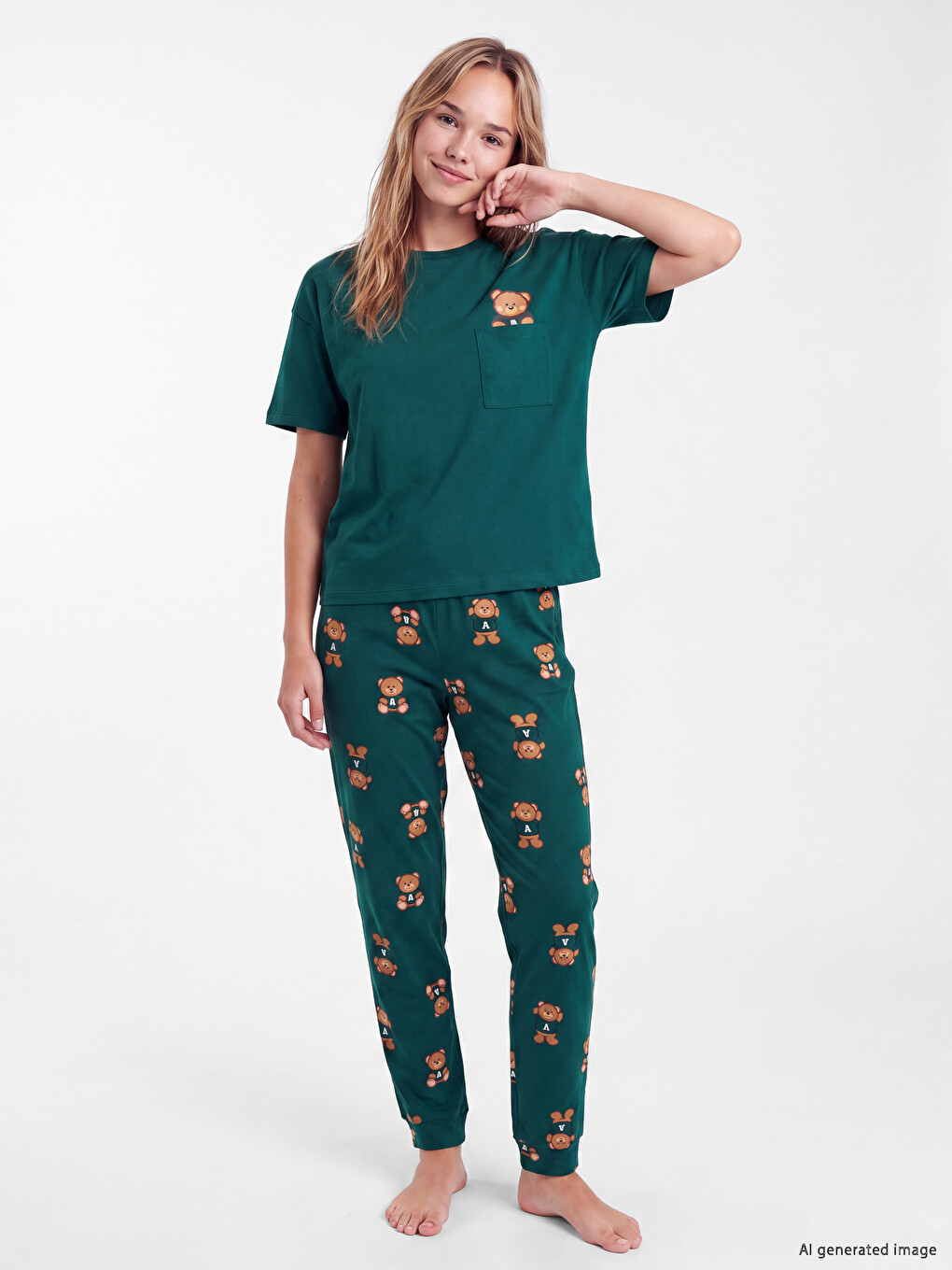 Yeşil Bisiklet Yaka Ayıcık Baskılı Kadın Pijama Takımı-1