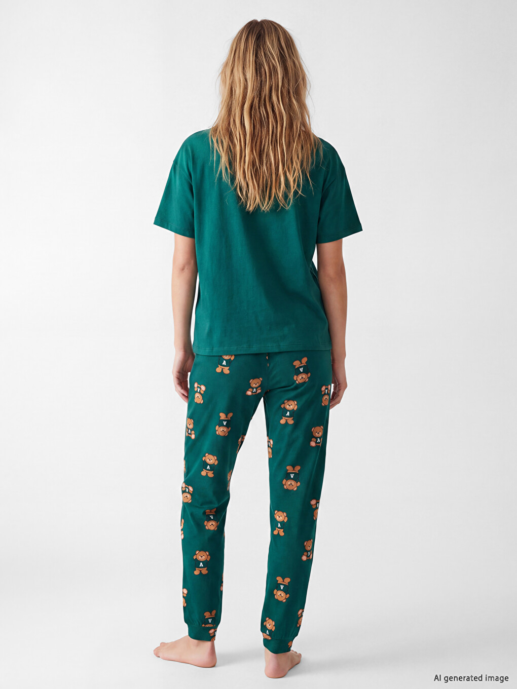 Yeşil Bisiklet Yaka Ayıcık Baskılı Kadın Pijama Takımı-3