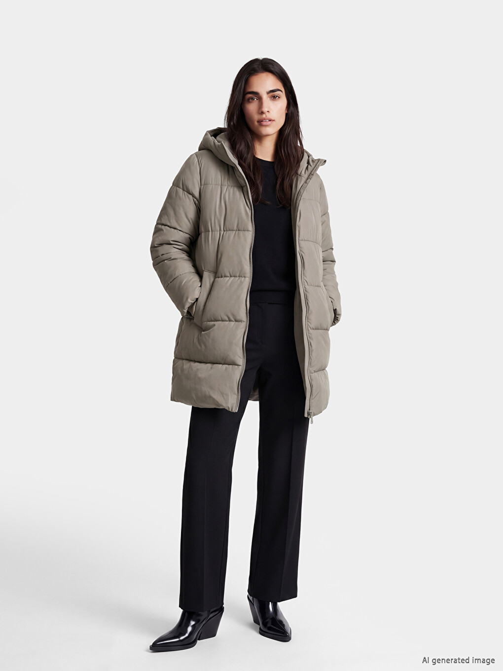 Femër Ngjyre Kaki Pallto Puffer-1