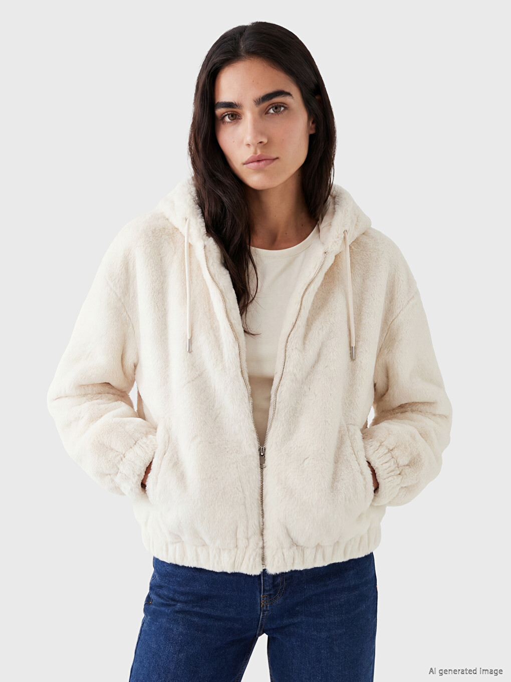 Woman White Faux Fur Coat