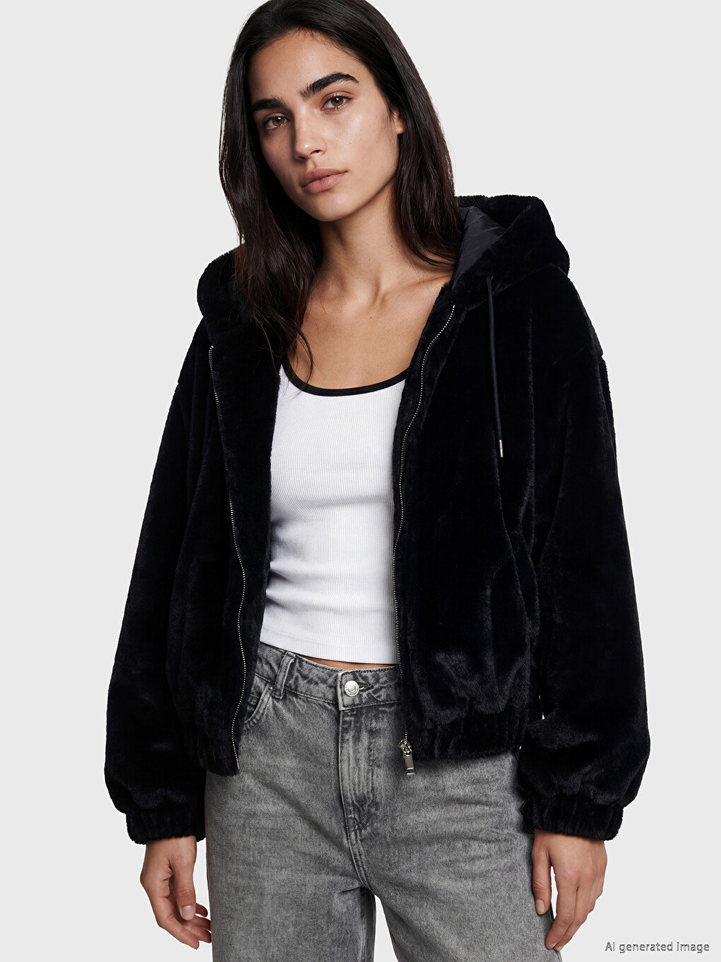 Woman Black Faux Fur Coat