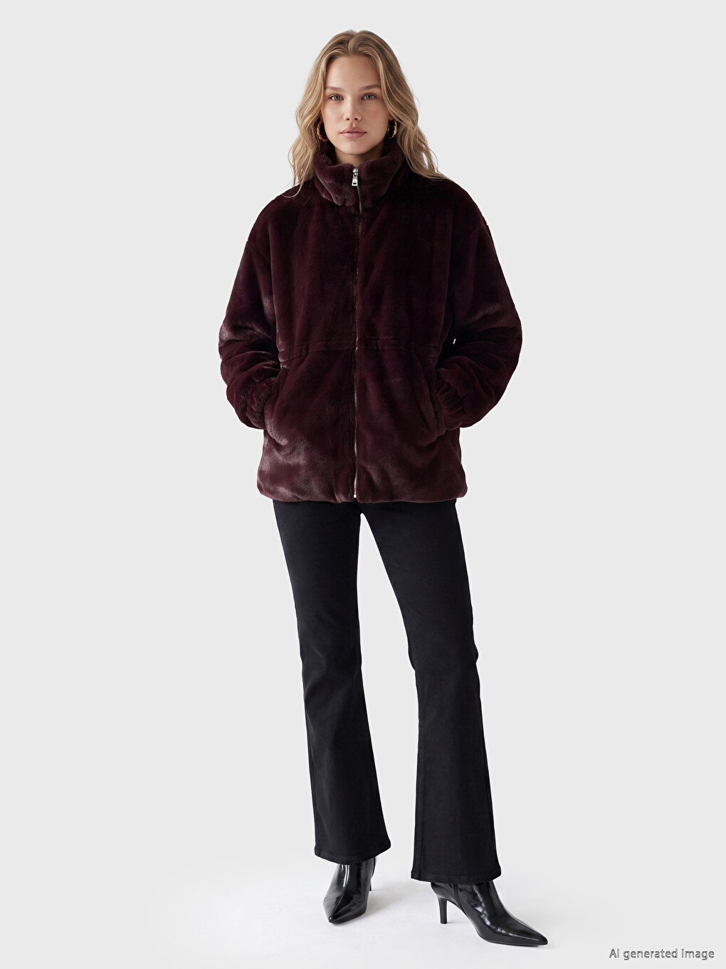 Mock Neck Women's Fur Coat-1