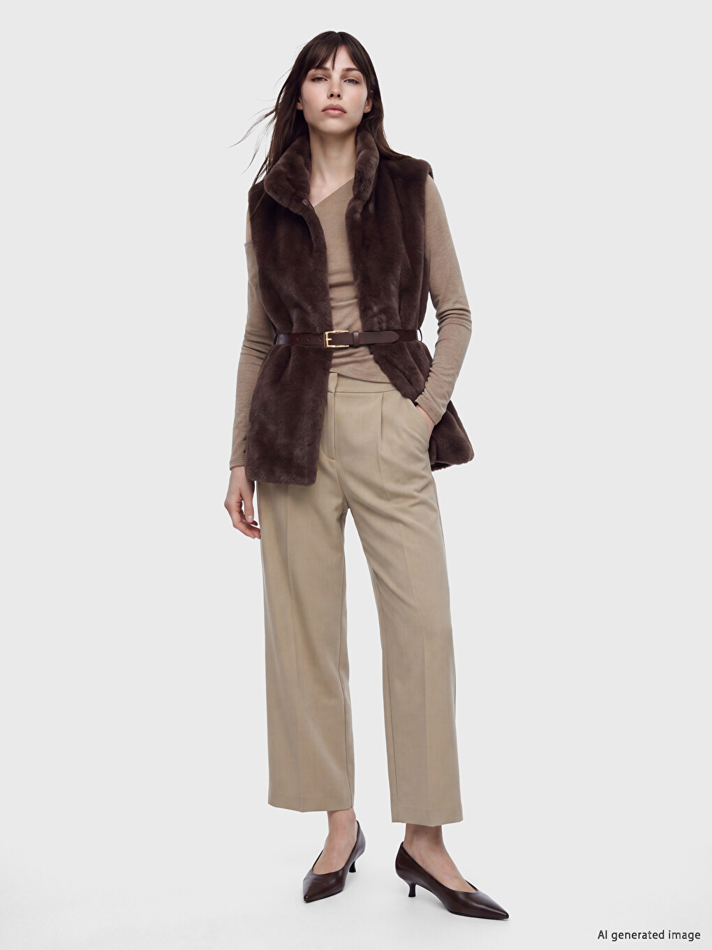 Mock Neck Waist Belted Women's Fur Gilet-1
