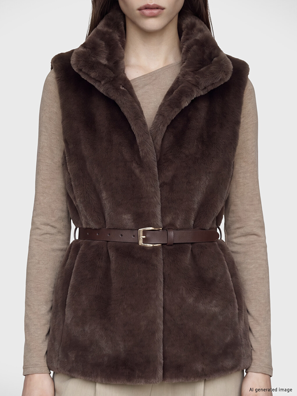 Mock Neck Waist Belted Women's Fur Gilet-2