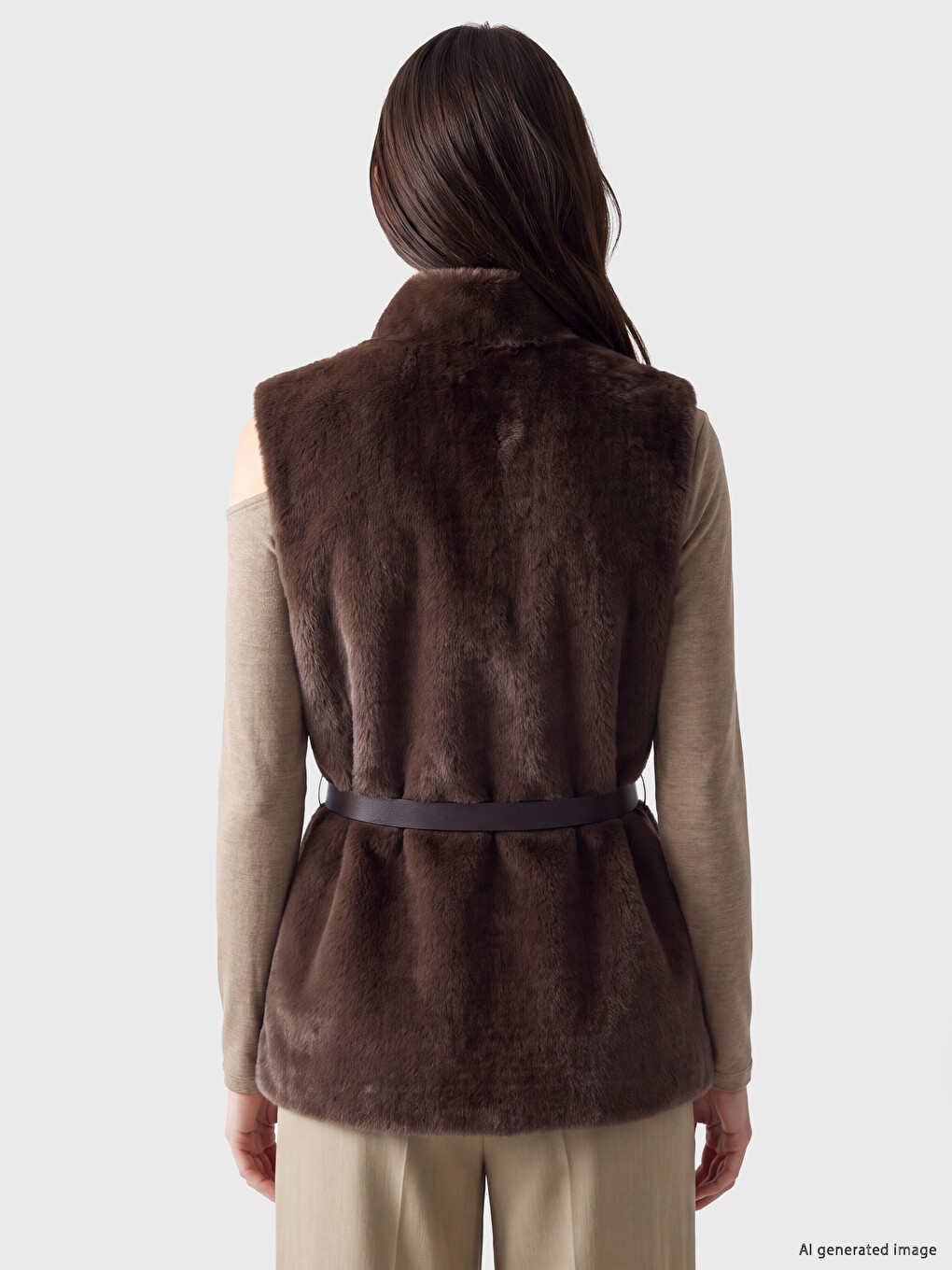 Mock Neck Waist Belted Women's Fur Gilet-3