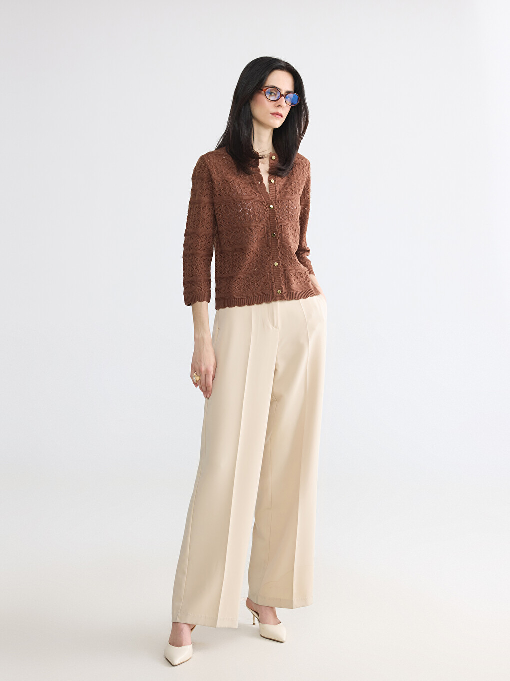 Crew Neck Open-knit Women's Knitwear Cardigan-1