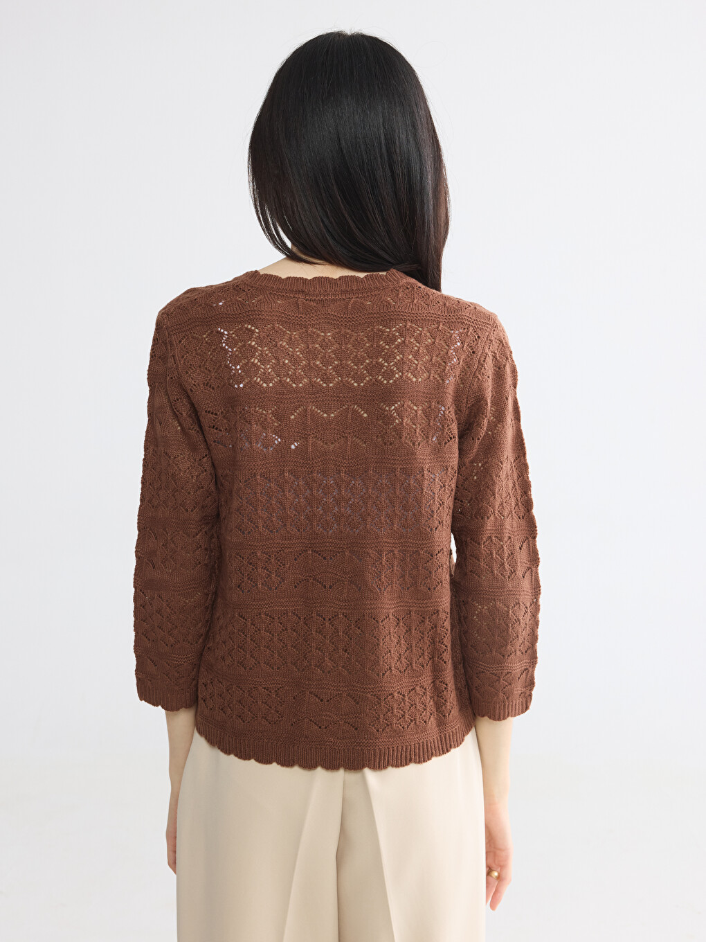 Crew Neck Open-knit Women's Knitwear Cardigan-3