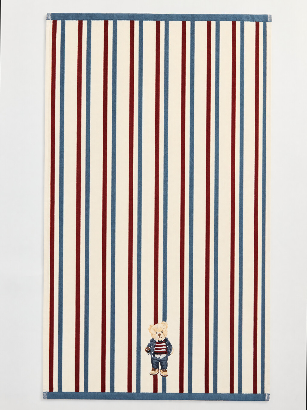 Ekru Ayı Nakışlı Pamuklu Çizgili Yüz Havlusu 50x80 Cm-1
