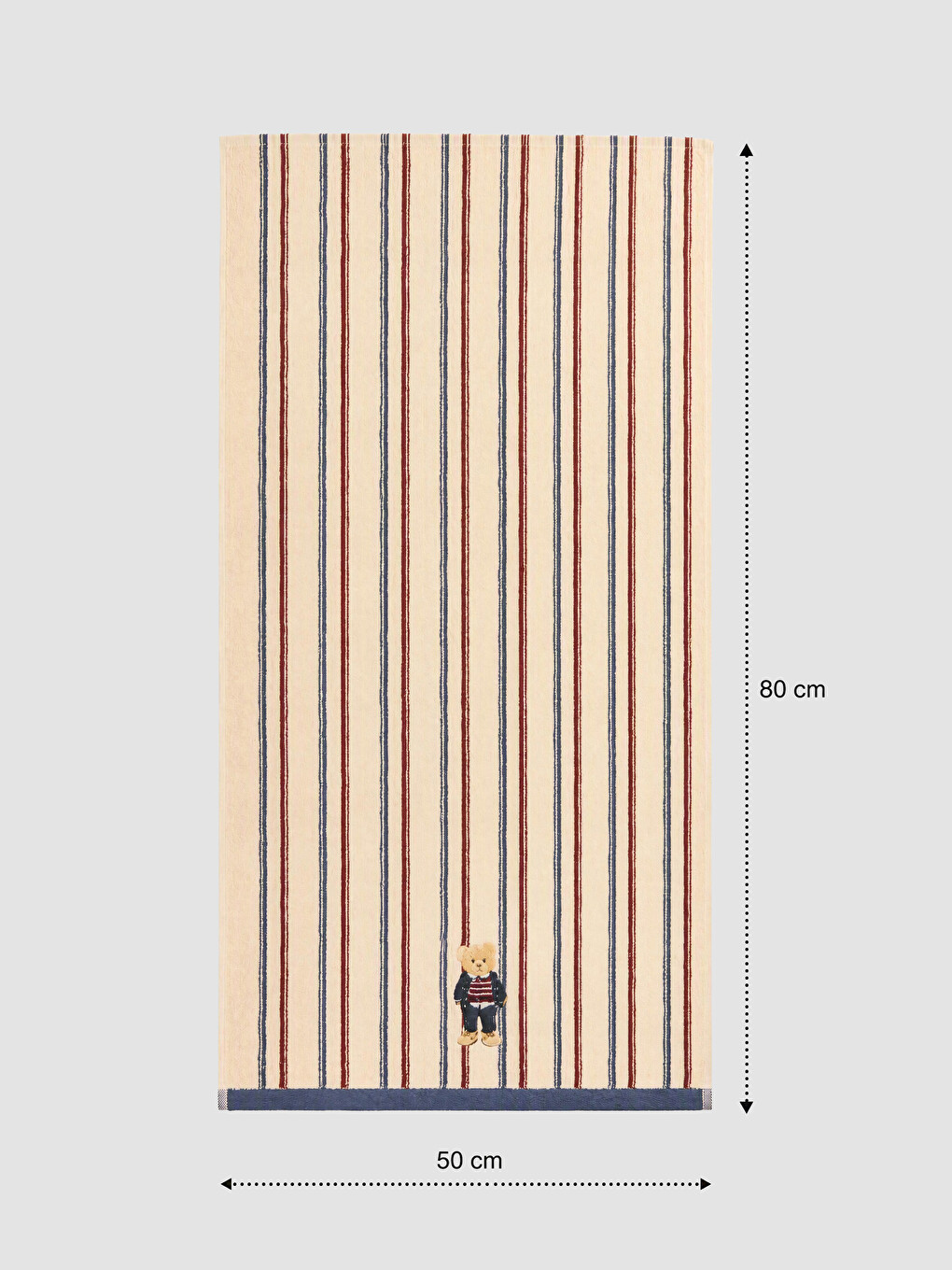 Ekru Ayı Nakışlı Pamuklu Çizgili Yüz Havlusu 50x80 Cm-1