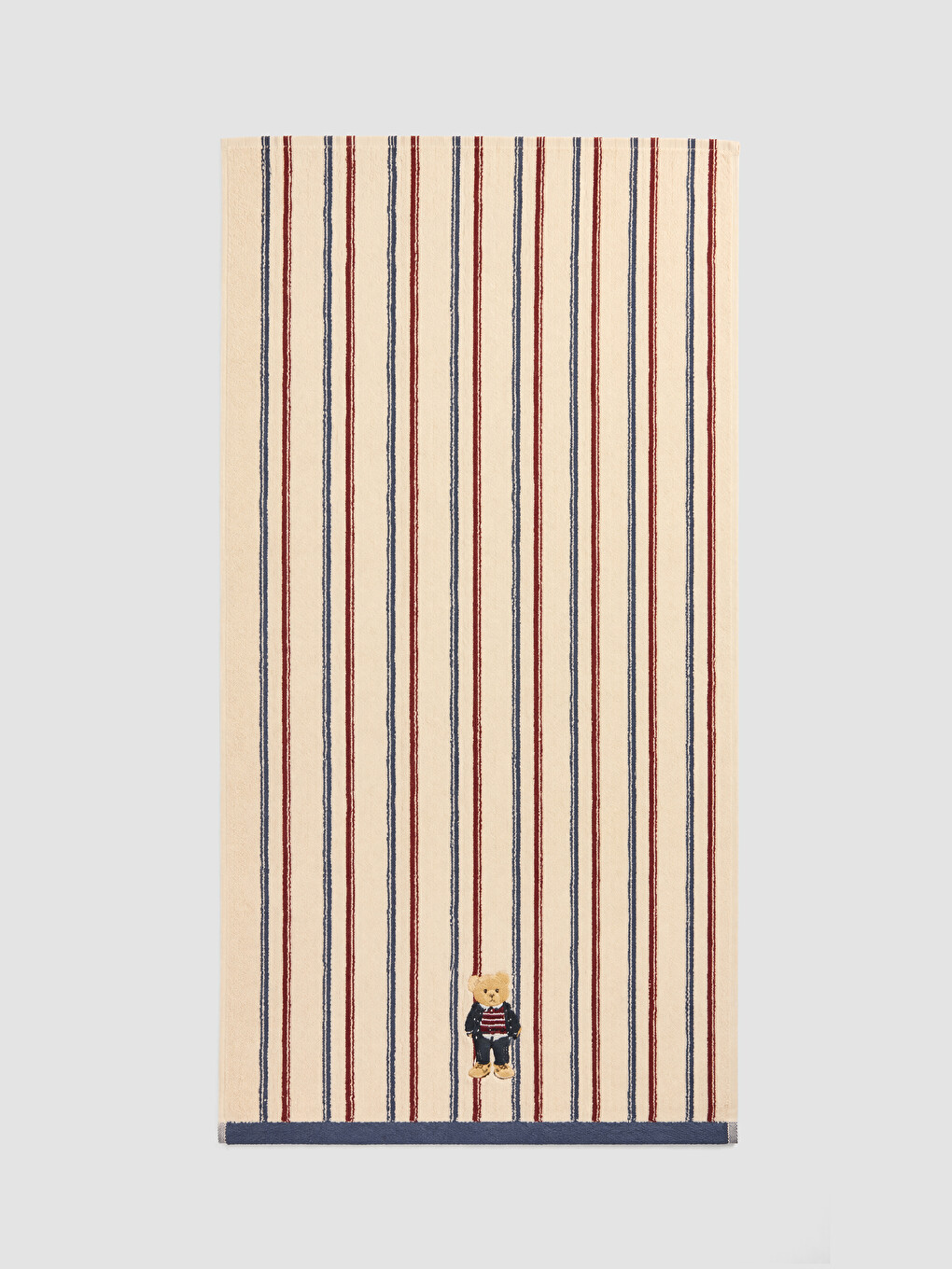 Ekru Ayı Nakışlı Pamuklu Çizgili Yüz Havlusu 50x80 Cm-2