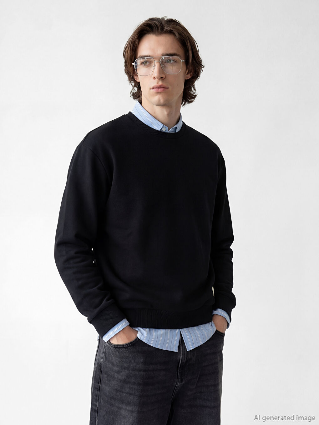 Siyah Bisiklet Yaka Erkek Sweatshirt