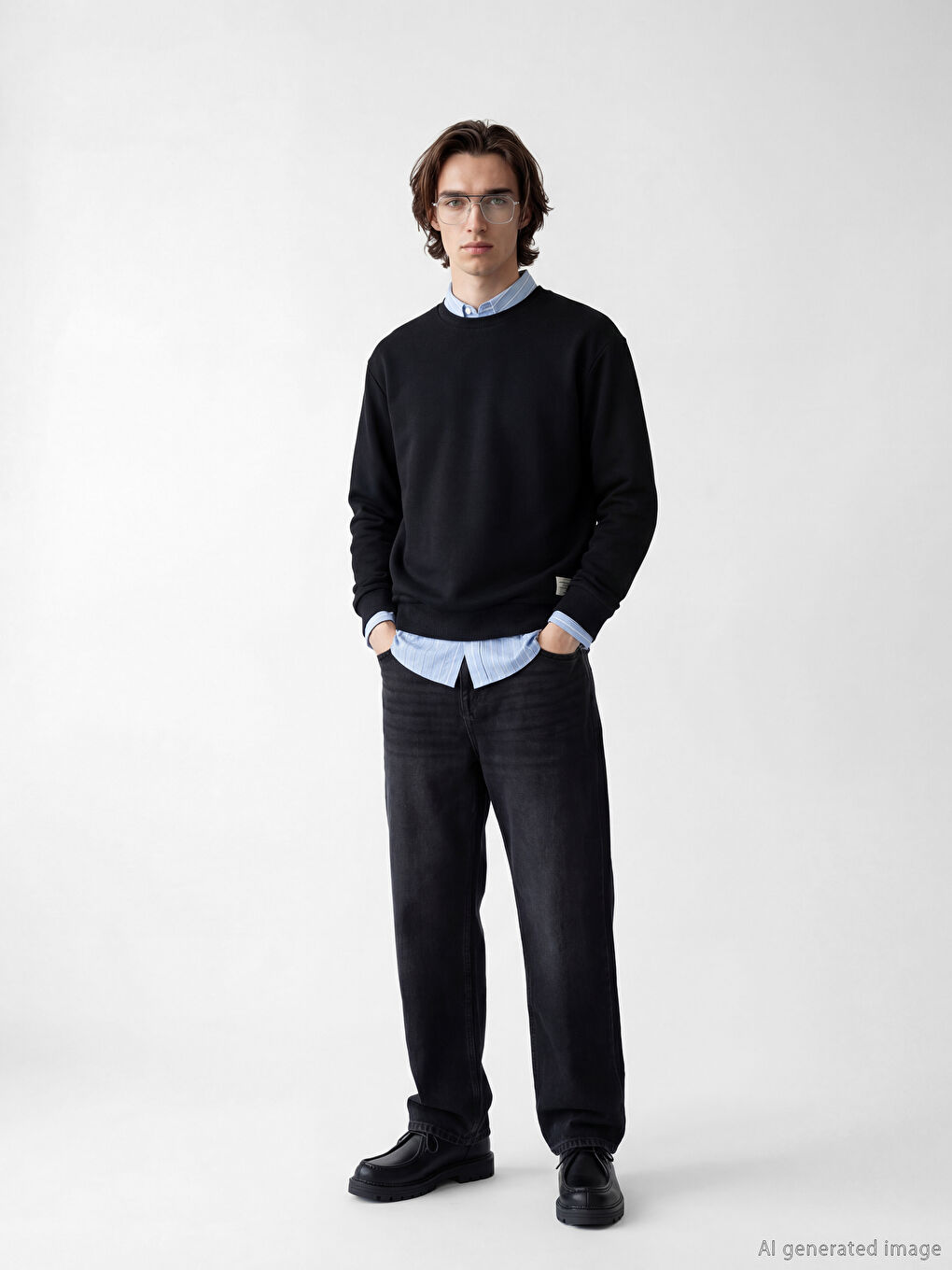 Siyah Bisiklet Yaka Erkek Sweatshirt-1