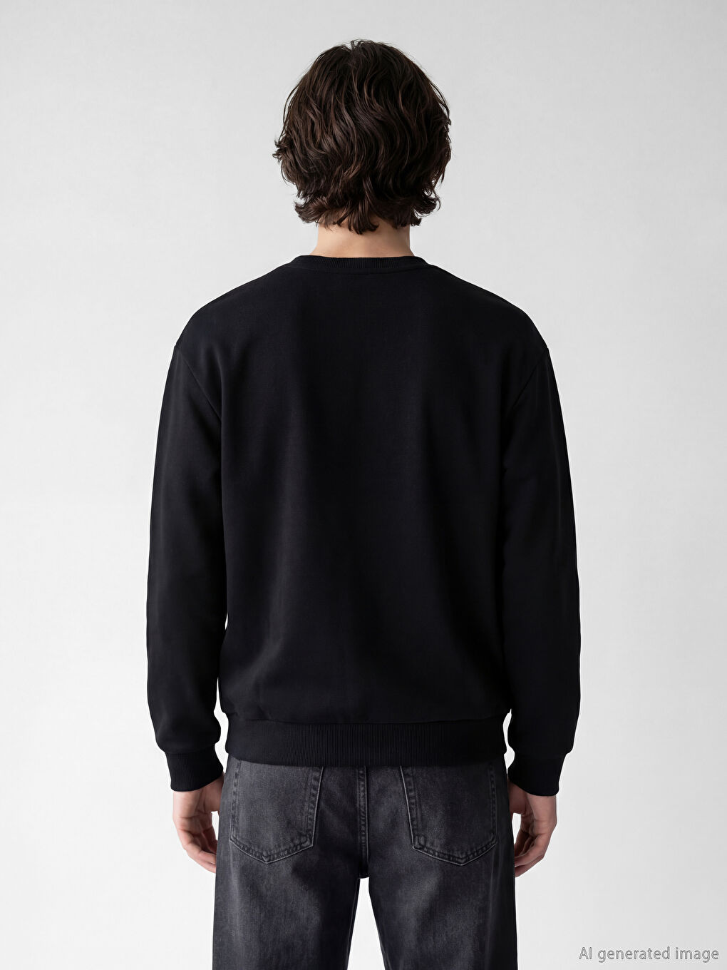 Siyah Bisiklet Yaka Erkek Sweatshirt-3