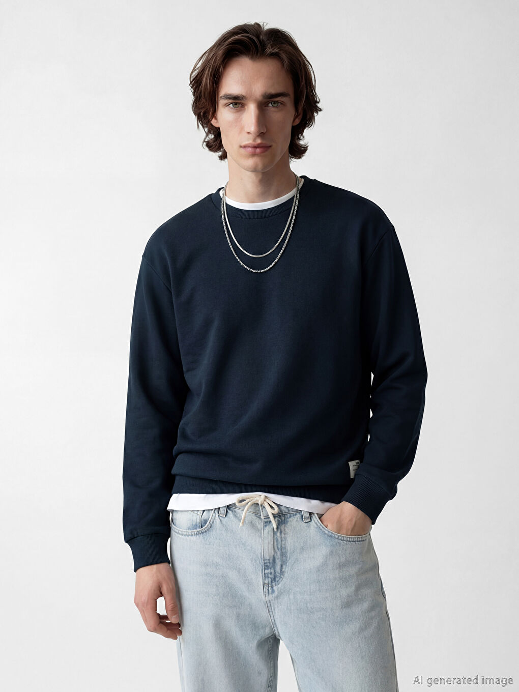 Lacivert Bisiklet Yaka Erkek Sweatshirt