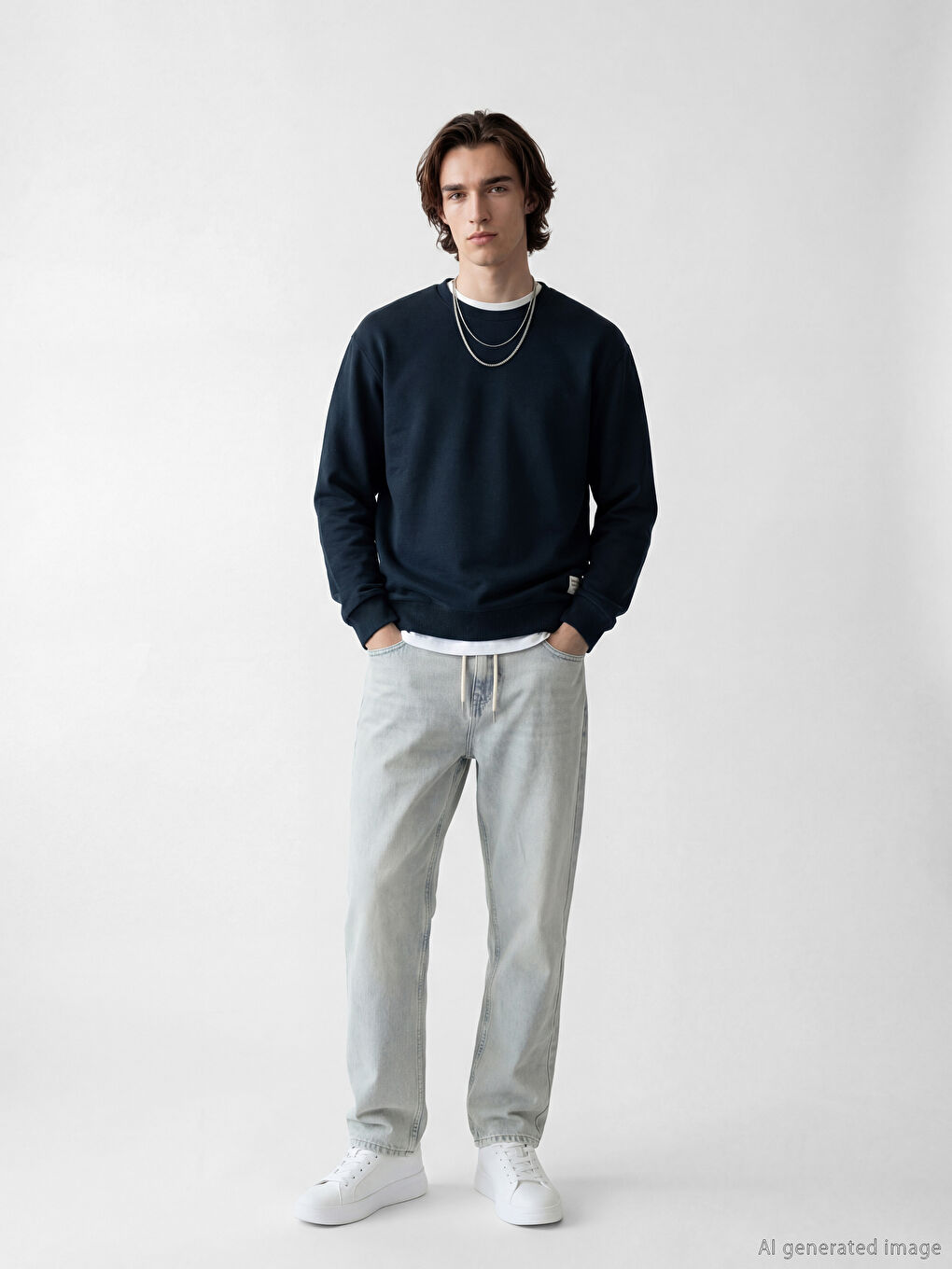 Lacivert Bisiklet Yaka Erkek Sweatshirt-1