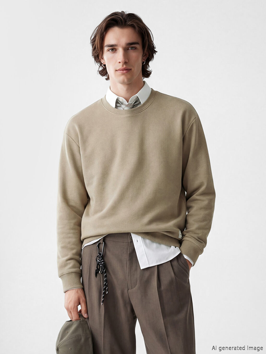 Bej Bisiklet Yaka Erkek Sweatshirt