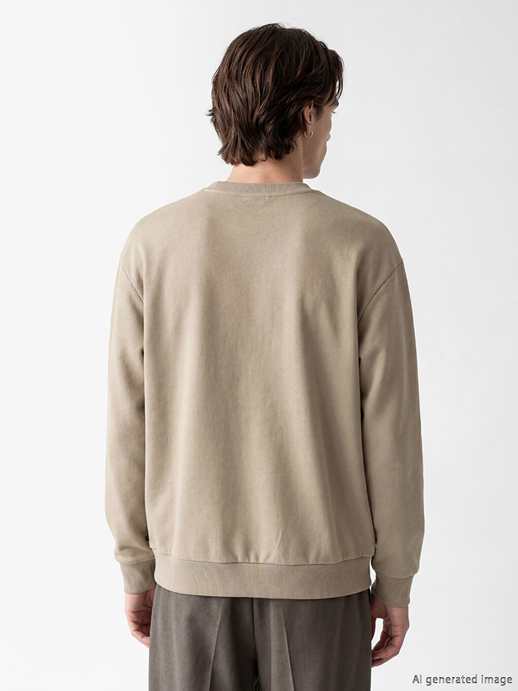 Bej Bisiklet Yaka Erkek Sweatshirt-2