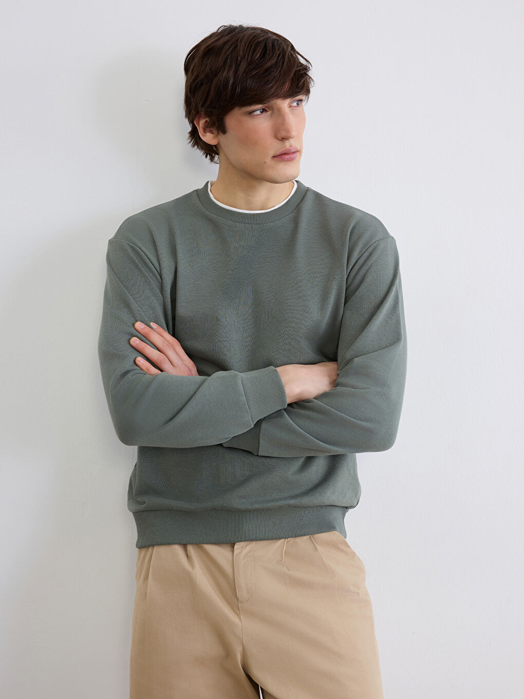 Yeşil Bisiklet Yaka Erkek Sweatshirt