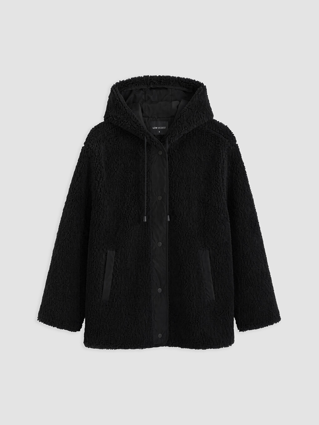 Siyah Kapüşonlu Oversize Kadın Pelüş Mont-4
