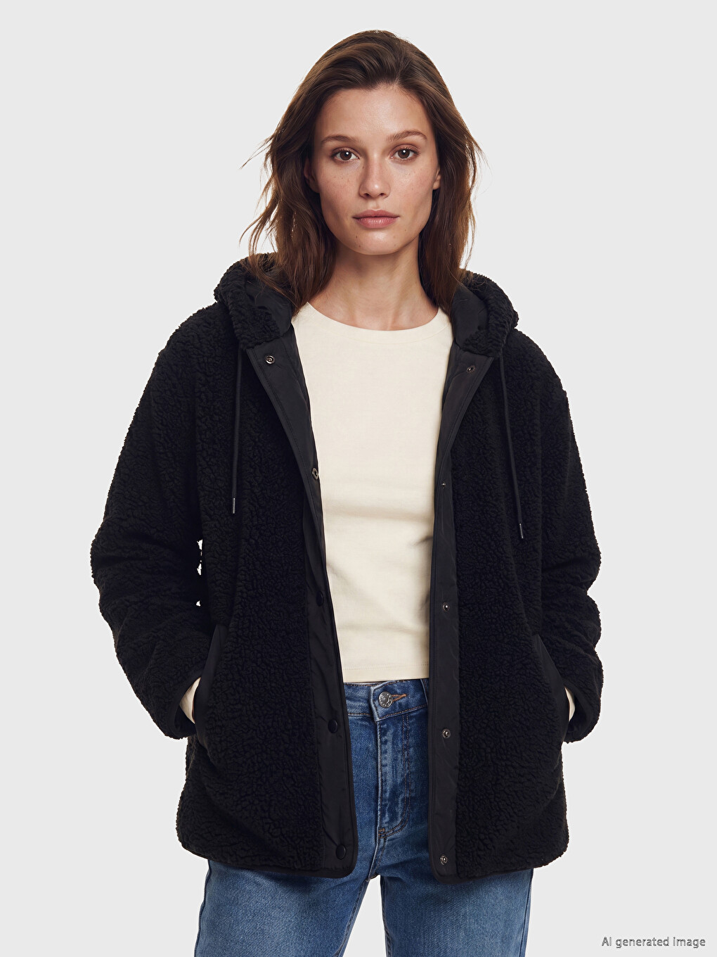Siyah Kapüşonlu Oversize Kadın Pelüş Mont