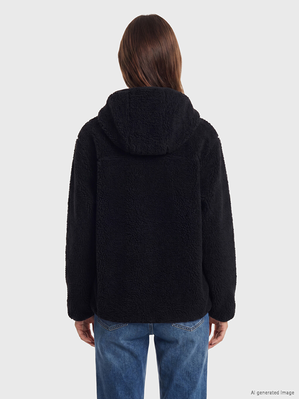 Siyah Kapüşonlu Oversize Kadın Pelüş Mont-3