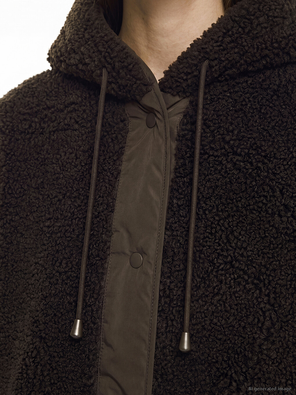 Kahverengi Kapüşonlu Oversize Kadın Pelüş Mont-2