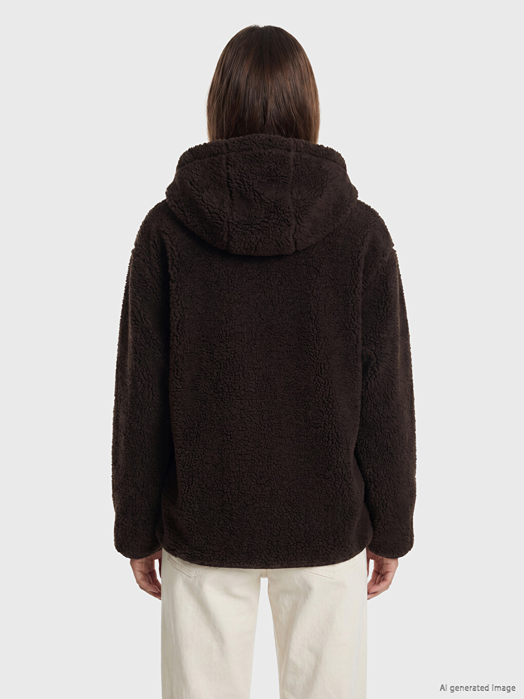 Kahverengi Kapüşonlu Oversize Kadın Pelüş Mont-3