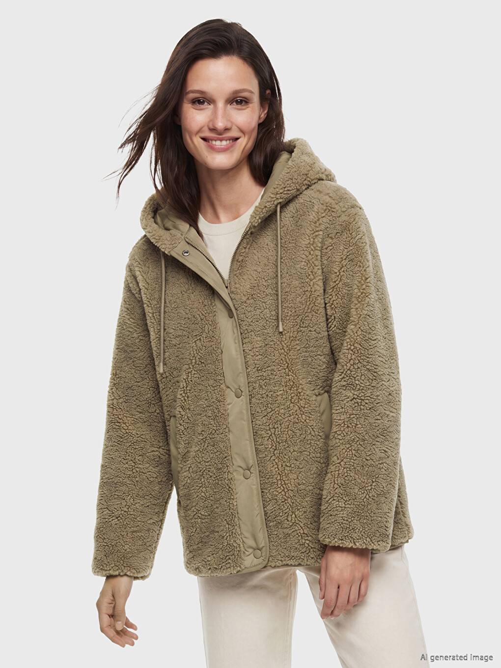 Kahverengi Kapüşonlu Oversize Kadın Pelüş Mont