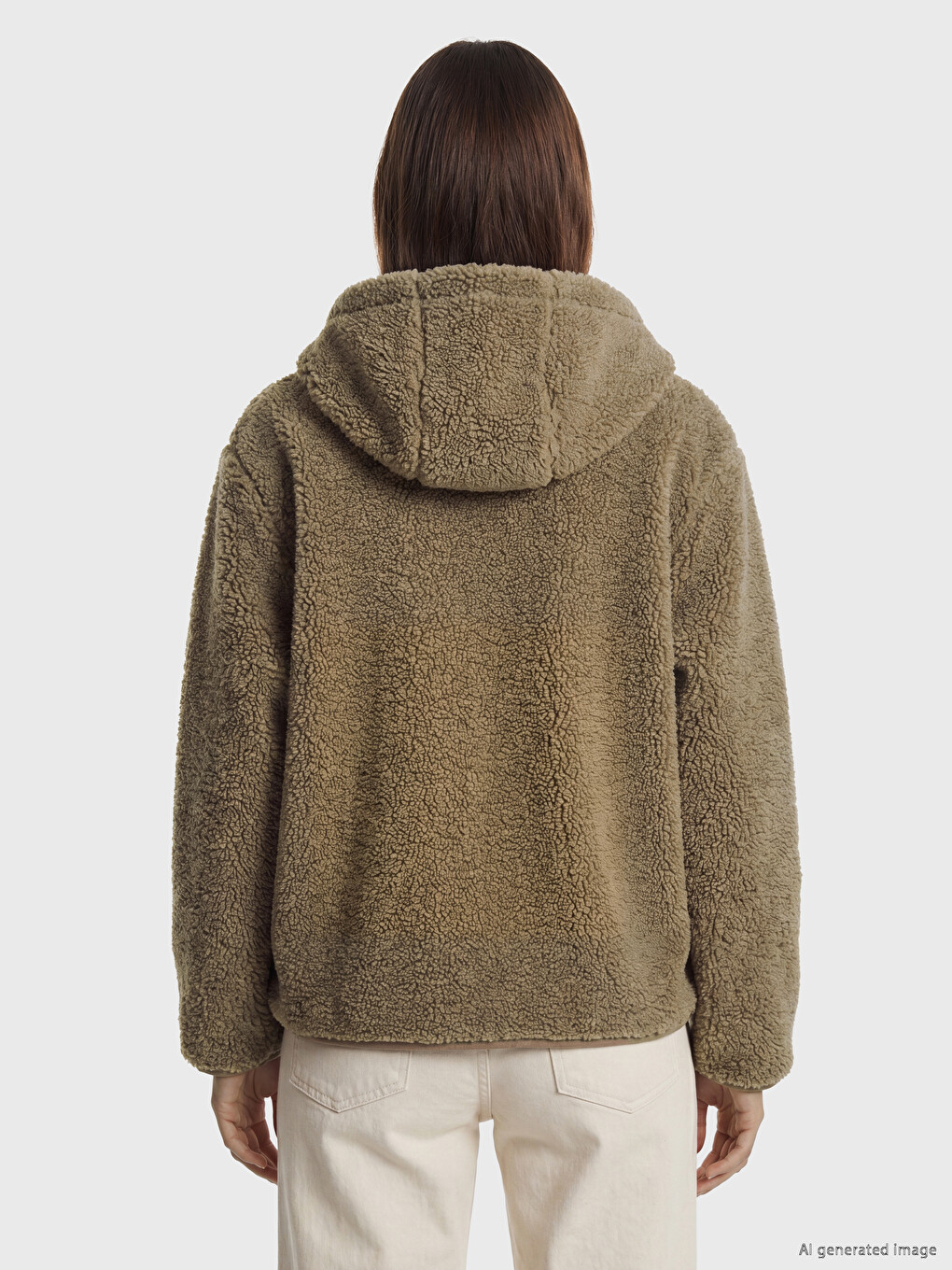Kahverengi Kapüşonlu Oversize Kadın Pelüş Mont-3