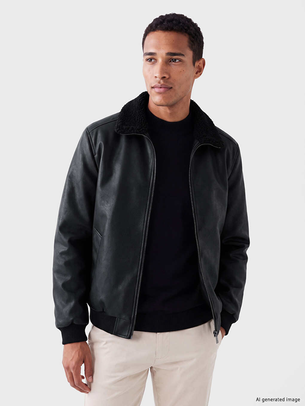 Fur Collar Men's Faux Leather Coat
