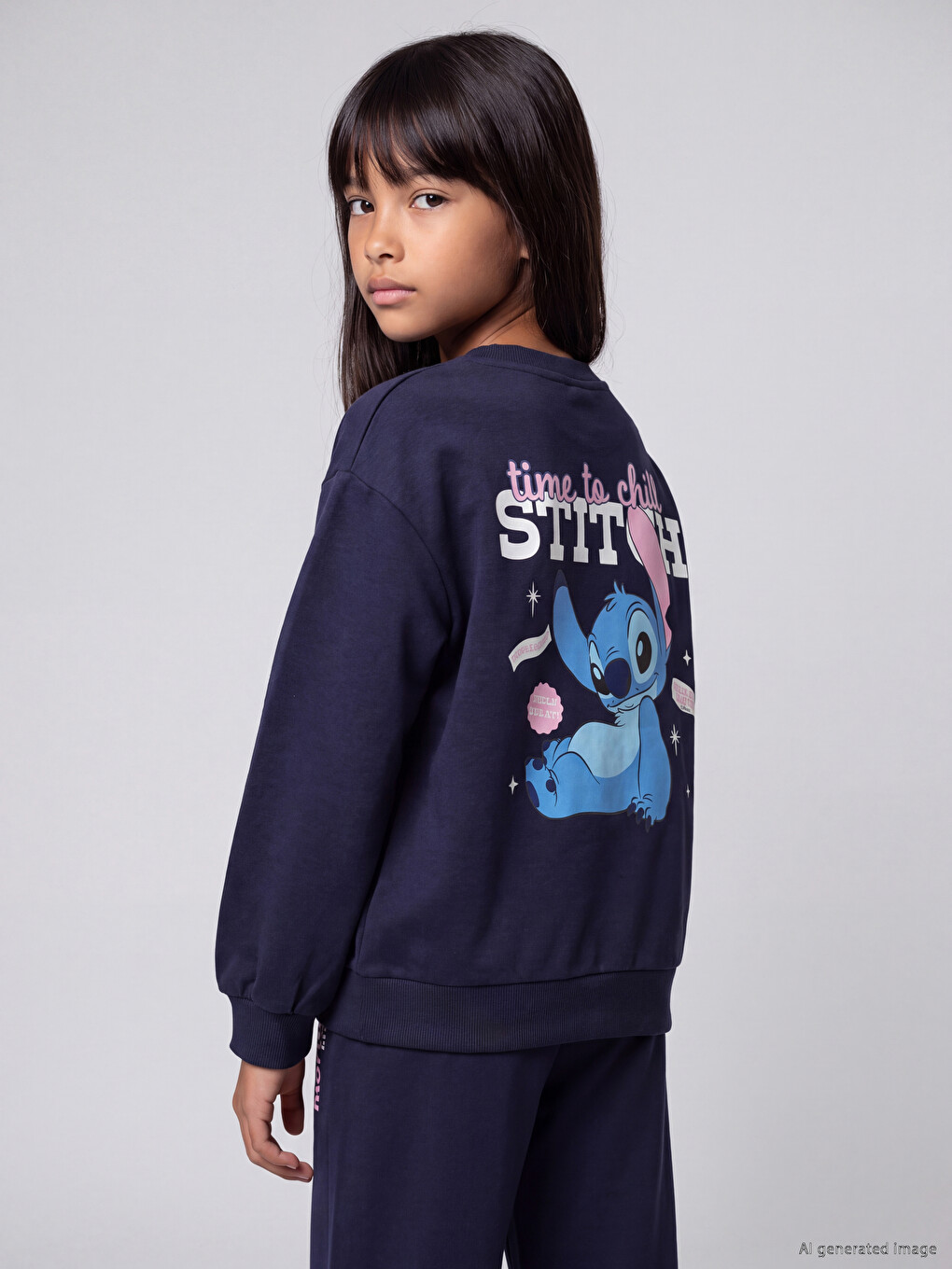 Lacivert Stitch Baskılı Kız Çocuk Soft Touch Takım-1