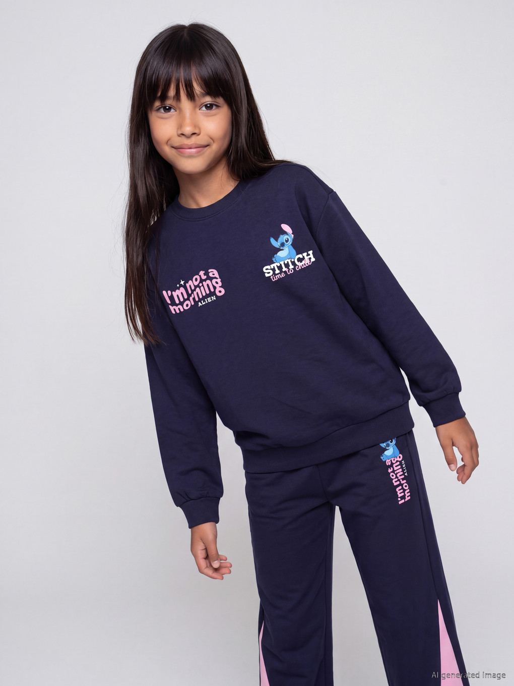 Lacivert Stitch Baskılı Kız Çocuk Soft Touch Takım-2