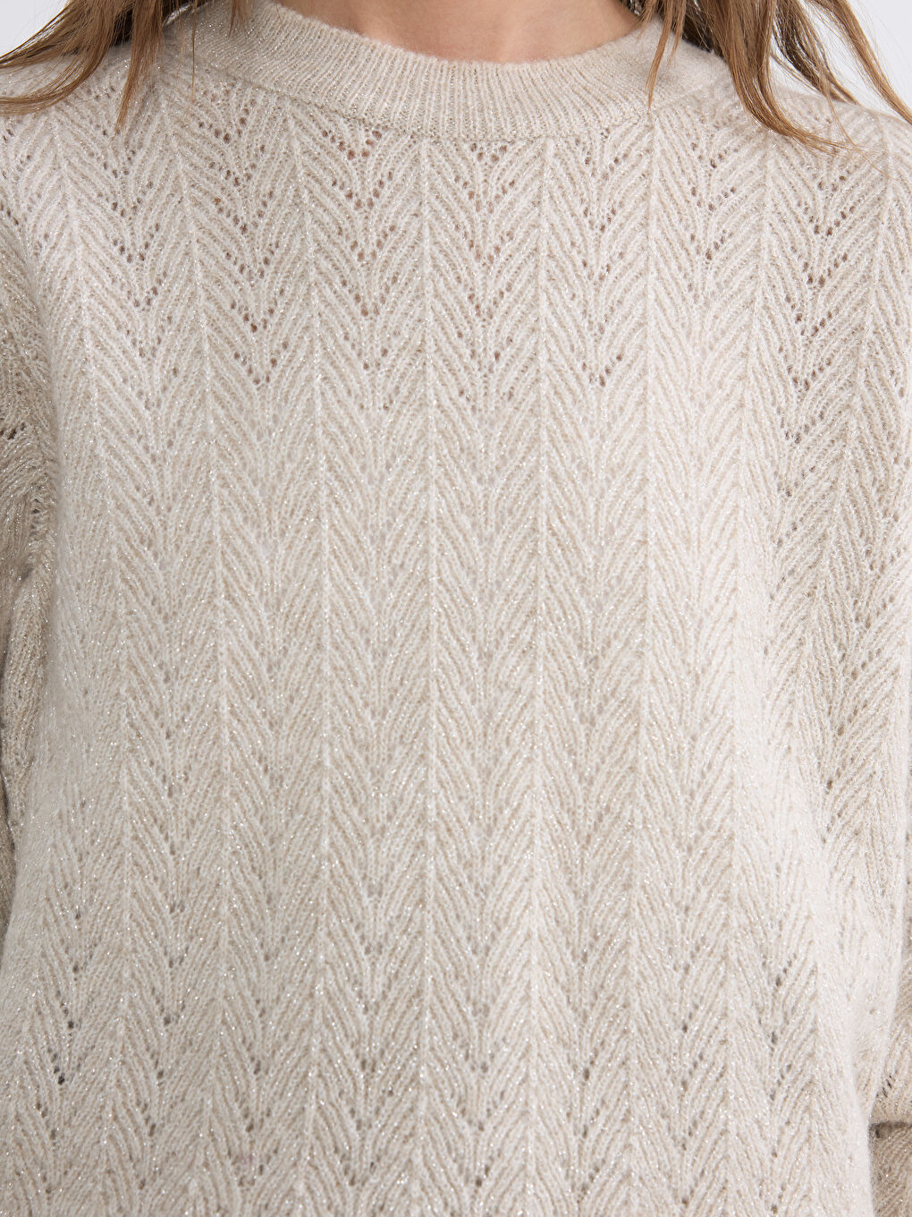 Bej Bisiklet Yaka Parlak Dokulu Kadın Triko Kazak-2