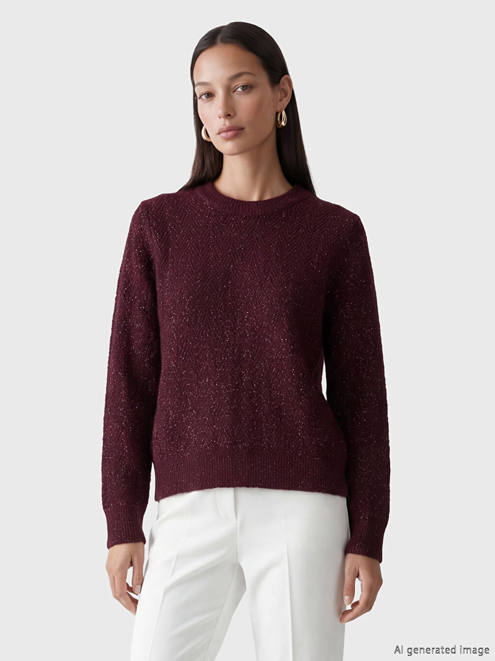 Bordo Bisiklet Yaka Parlak Dokulu Kadın Triko Kazak