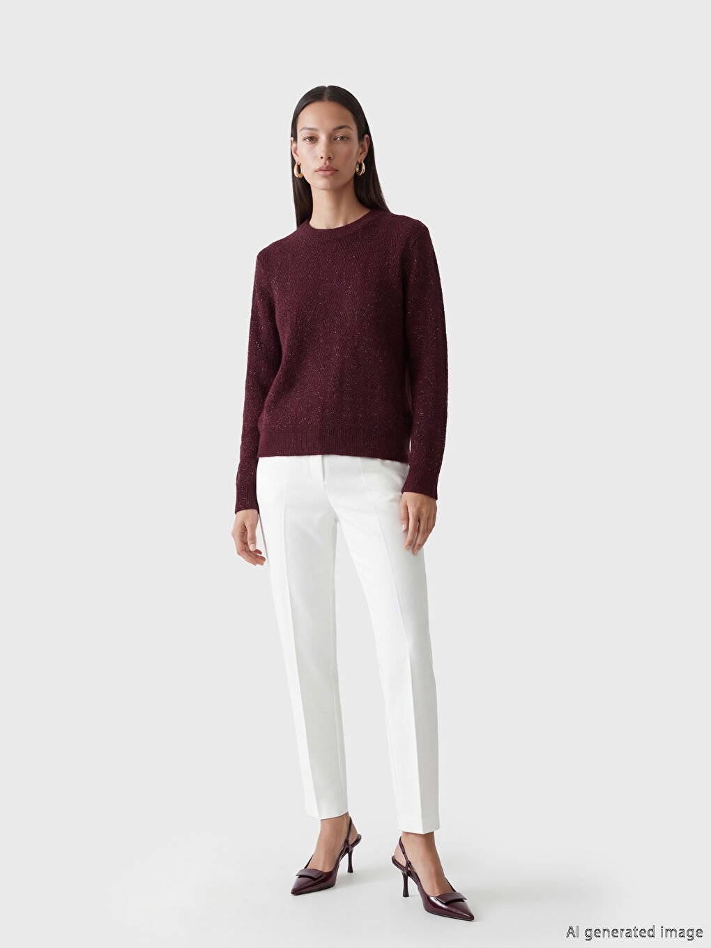 Bordo Bisiklet Yaka Parlak Dokulu Kadın Triko Kazak-1