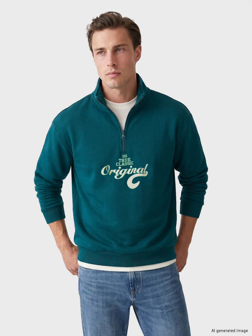 Petrol Dik Yaka Nakışlı Erkek Sweatshirt