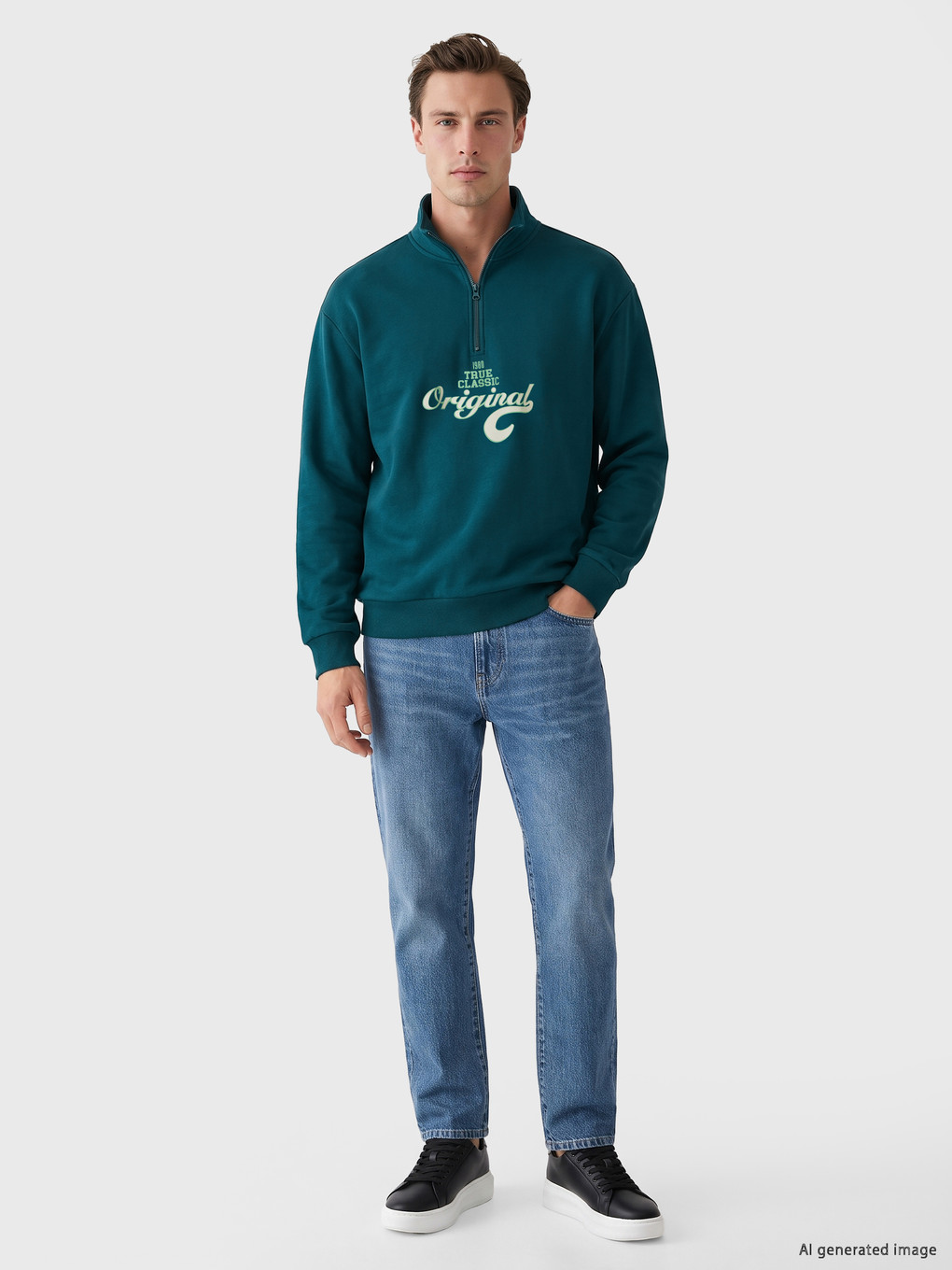 Petrol Dik Yaka Nakışlı Erkek Sweatshirt-1