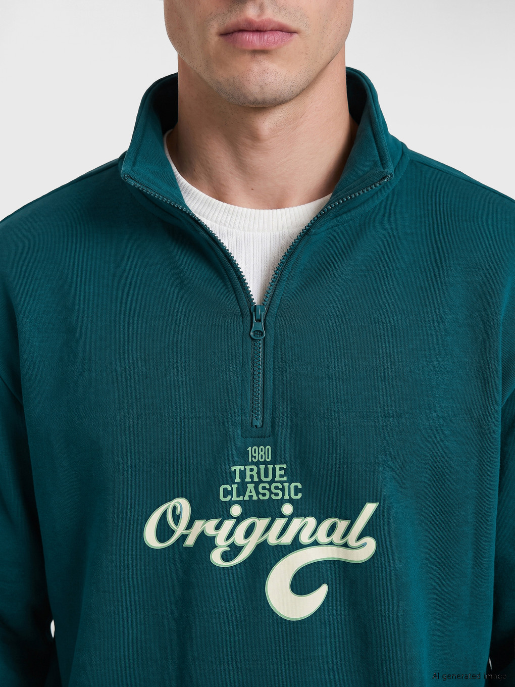 Petrol Dik Yaka Nakışlı Erkek Sweatshirt-2
