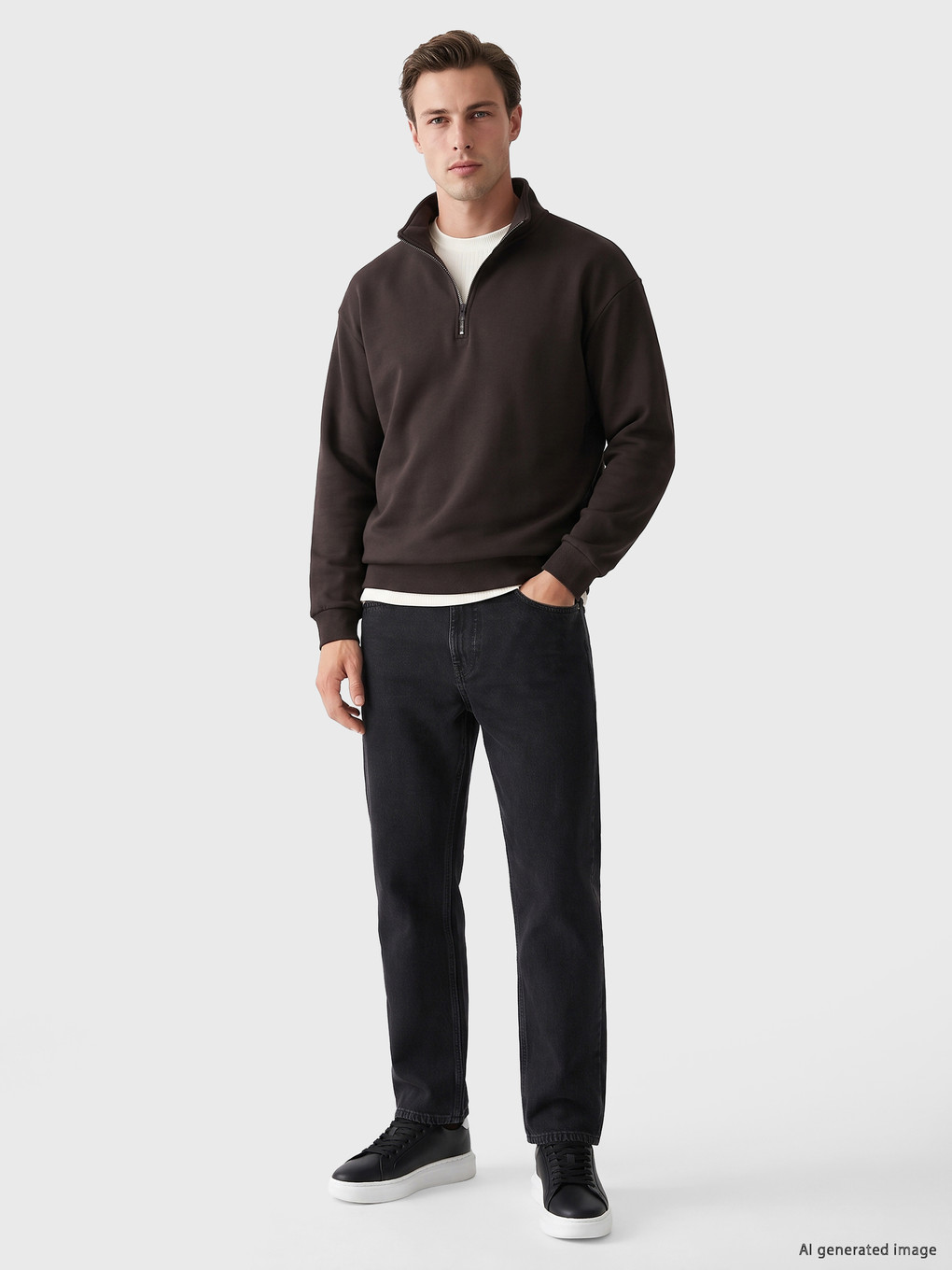 Kahverengi Fermuarlı Dik Yaka Erkek Sweatshirt-1