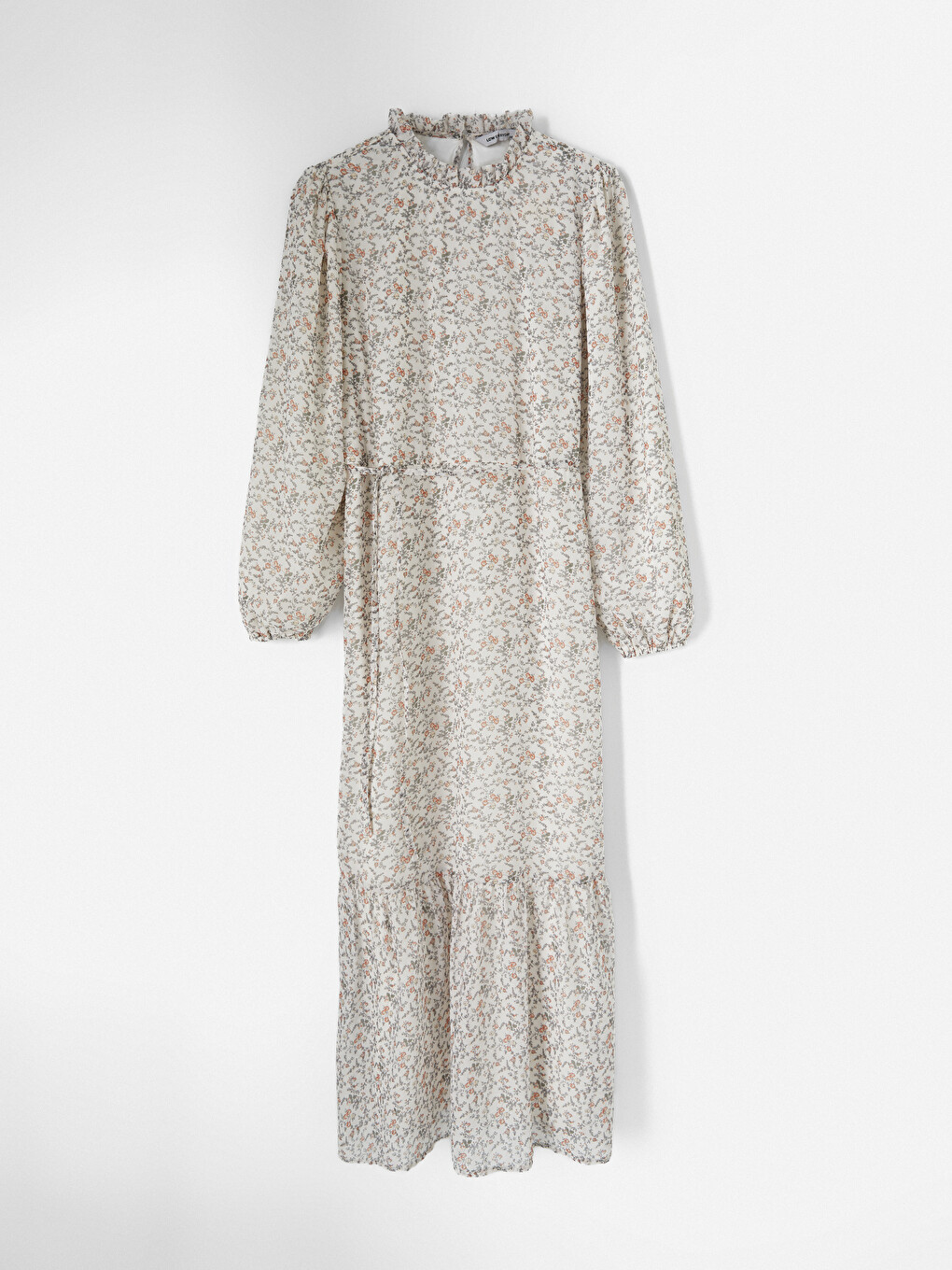 Ruffled Grandad Collar Floral Chiffon Long Dress-4