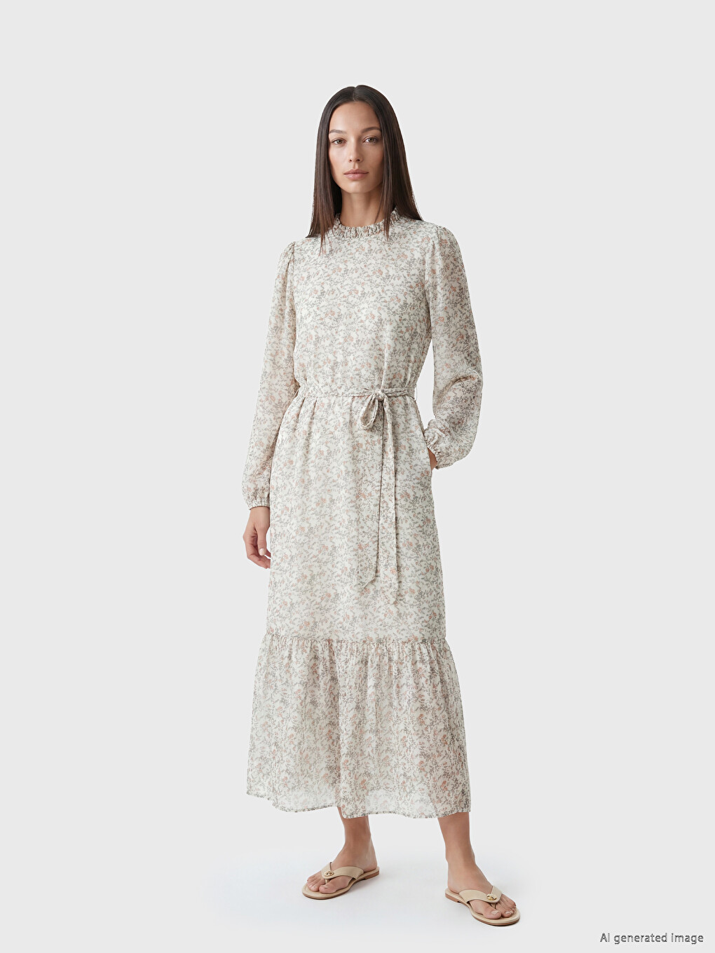 Ruffled Grandad Collar Floral Chiffon Long Dress-1